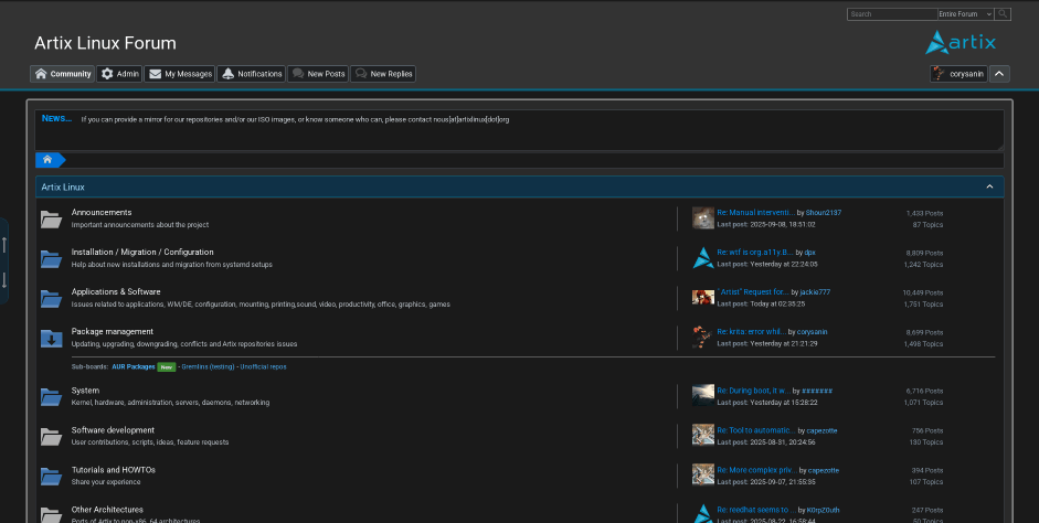 Preview screenshot of the Artix dark theme applied to an ElkArte forum